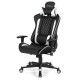 Massage gaming chair in white with lumbar support, adjustable backrest, and smooth-rolling wheels for ultimate comfort.