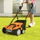 Electric scarifier with collection bag in orange, featuring a 13 Amp motor and adjustable heights for lawn care.