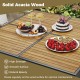 Square 43.5-inch patio dining table made of solid acacia wood, featuring a smooth surface and sturdy metal legs for.