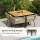 Square patio dining table featuring natural acacia wood and sturdy metal legs, perfect for 4-person outdoor dining.