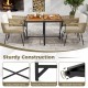 Square patio dining table with robust metal frame and adjustable foot pads, ideal for stable use on uneven surfaces.