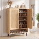 Tall 43-inch shoe cabinet with double doors, natural wood finish, rattan accents, and adjustable shelves for versatile.