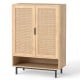 43-inch tall shoe cabinet with double doors, natural finish, rattan decorations, and adjustable shelves for versatile.