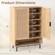 43-inch tall shoe cabinet with double doors, natural finish, featuring adjustable shelves and rattan decoration for.