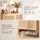 43-inch tall shoe cabinet with natural finish, featuring rattan decor, top area for items, and open compartment for.