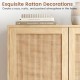 43-inch tall shoe cabinet with double doors, natural finish, featuring rattan decorations and adjustable shelves for.