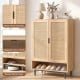 43-inch tall shoe cabinet with double doors, rattan accents, adjustable shelves, and raised metal legs for entryway.