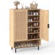 Tall 43-inch shoe cabinet with double doors, rattan decor, adjustable shelves, ideal for entryway storage.