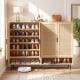 43-inch tall shoe cabinet with double doors, natural finish, featuring rattan accents and adjustable shelves for.