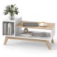 43-inch white coffee table with stepped tabletop, open compartments, and splayed legs for versatile living room use.