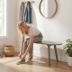 Gray 43-inch solid wood farmhouse dining bench with rubber wood legs, ideal for entryways or small spaces.