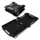 Foldable mechanic creeper in black with padded headrest and tool trays, designed for easy storage and transport.
