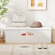 Folding storage ottoman bench in white with padded foam, side pocket, and large capacity for living room or bedroom use.