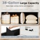 Folding storage ottoman bench in white with 38-gallon capacity, removable divider, and side pocket for organized.