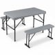 Folding picnic table set with gray HDPE top and two benches, perfect for outdoor gatherings and easy storage.