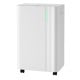 White 54-pint dehumidifier with wheels, LED display, and drain hose for efficient moisture removal in large rooms.