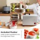 Electric tomato strainer with included pusher, large feed chute, and stainless steel design for efficient jam.