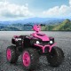 12V pink kids ride-on ATV with LED lights, treaded tires, and variable speeds for fun outdoor adventures.