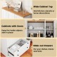 Freestanding white kitchen storage cabinet featuring a wood-like countertop, three doors, and two slide-out drawers for.