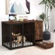 Rustic brown dog crate furniture with hidden pull-out bowls, ideal for small and medium dogs, doubles as an end table.
