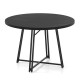 Round black dining table with a cross base, seats 4-6 people, featuring a wood-like texture and sturdy metal legs.