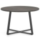 Round 47-inch dining table with a grey wood-grain surface and stable X-shaped base, ideal for various settings.