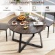 Round 47-inch dining table with a grey wood-grain surface and stable X-shaped base, ideal for dining or living areas.