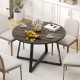 Round 47-inch dining table with a grey wood-grain surface and stable X-shaped base, ideal for various dining settings.