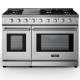 Freestanding 48-inch natural gas range with 7 burners, dual ovens, and griddle for versatile cooking options.