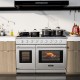 Freestanding 48-inch natural gas range with 7 burners, dual ovens, and griddle, ideal for versatile cooking needs.