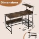 Dimensions of the 48-inch rustic brown computer desk with power outlets and storage shelves, featuring a raised shelf.