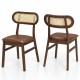 Brown rattan dining chairs with padded seats and natural wood frames, perfect for mid-century dining room setups.