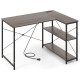 Reversible L-shaped computer desk with gray engineered wood, adjustable shelves, and compact design for small spaces.