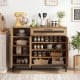 48-inch sideboard buffet cabinet with natural wood grain, black accents, and spacious storage for kitchenware and decor.