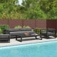 Outdoor privacy fence screen panels in brown, designed for easy assembly and flexible coverage around AC units or pools.