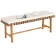 Acacia wood outdoor bench with thick padded seat cushion, ideal for garden or entryway seating.