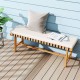Acacia wood outdoor bench with thick padded seat cushion, ideal for garden or entryway seating, featuring a smooth.