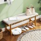 Acacia wood outdoor bench featuring a thick padded seat cushion, perfect for entryway decor and comfortable seating.