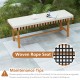 Acacia wood outdoor bench with thick padded seat cushion, featuring a woven rope design for comfort and ventilation.