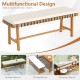 Acacia wood outdoor bench with thick padded cushion, ideal for garden, dining, or entryway use, featuring a rustic.