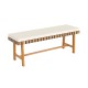 Side view of the acacia wood outdoor bench with a thick padded seat cushion, showcasing its durable construction and.