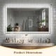 48" x 28" LED bathroom mirror with frontlit and backlit features, showcasing dimensions in a stylish bathroom setting.