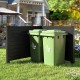Black 48 x 38 inch air conditioner fence with two green trash bins, ideal for patio or backyard enclosure.