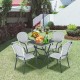 Set of 4 stackable patio dining chairs in white rattan, perfect for outdoor use in garden or backyard settings.