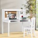 Kids study desk and chair set in white with hutch, open drawers, and cork board, perfect for learning and organization.