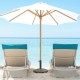 Patio market umbrella base stand with rattan design, durable resin, and anti-rust steel for stability by the poolside.