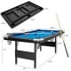 Foldable 6-foot billiard pool table with blue felt, steel legs, and complete accessories for compact recreation.