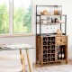 Rustic brown kitchen baker's rack with wine glass holder, drawer, and 3-tier shelves for versatile storage and display.