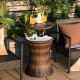 Height adjustable black patio rattan cooler bar table with ice compartment, perfect for outdoor gatherings and drinks.
