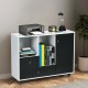 Lateral mobile filing cabinet with 2 drawers, black finish, featuring open shelves and wheels for easy mobility.